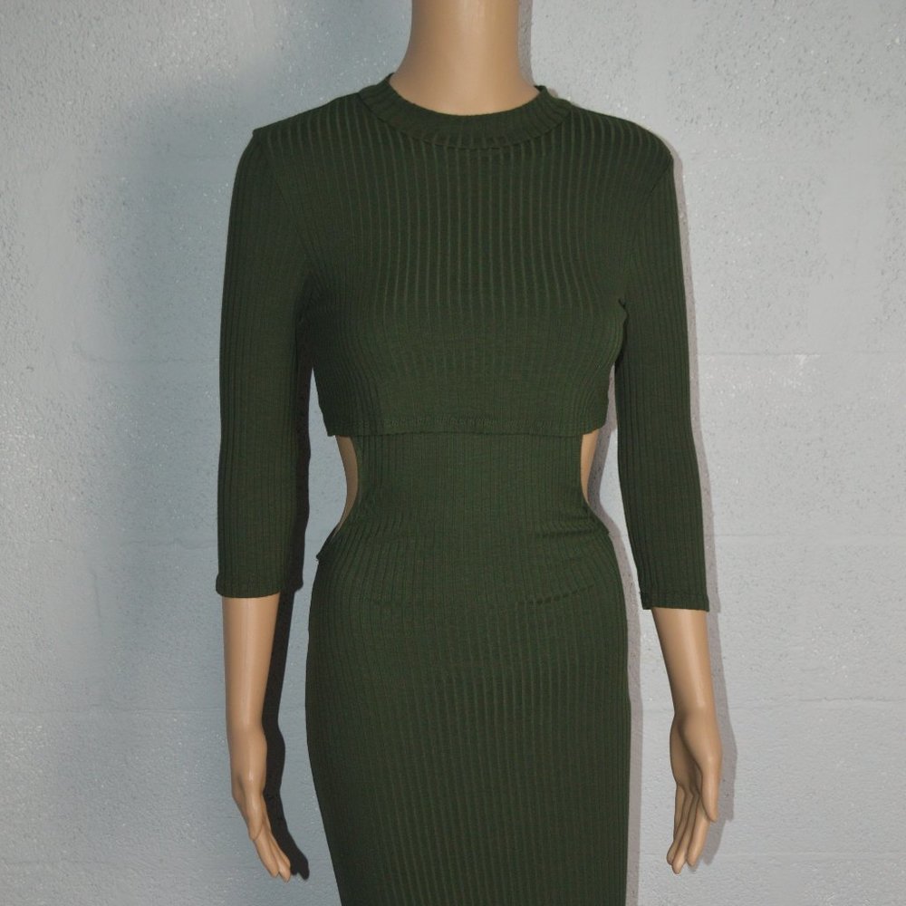 FOREVER 21 Green Open Side Ribbed Midi Dress Olive Style# 985893 Size S